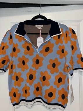 Nanette Lepore Blue Sweater with Mustard Knit Detail